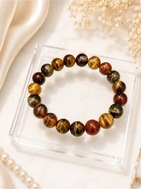 Tiger Eye Multi-Color Beaded Stretch Bracelet - Polished Brown & Gold Tones